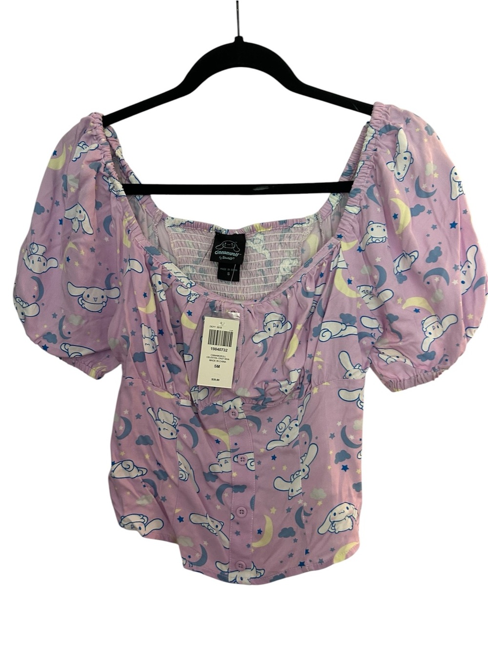 Sanrio Cinnamoroll Lavender Puff Sleeve Button-Front Top